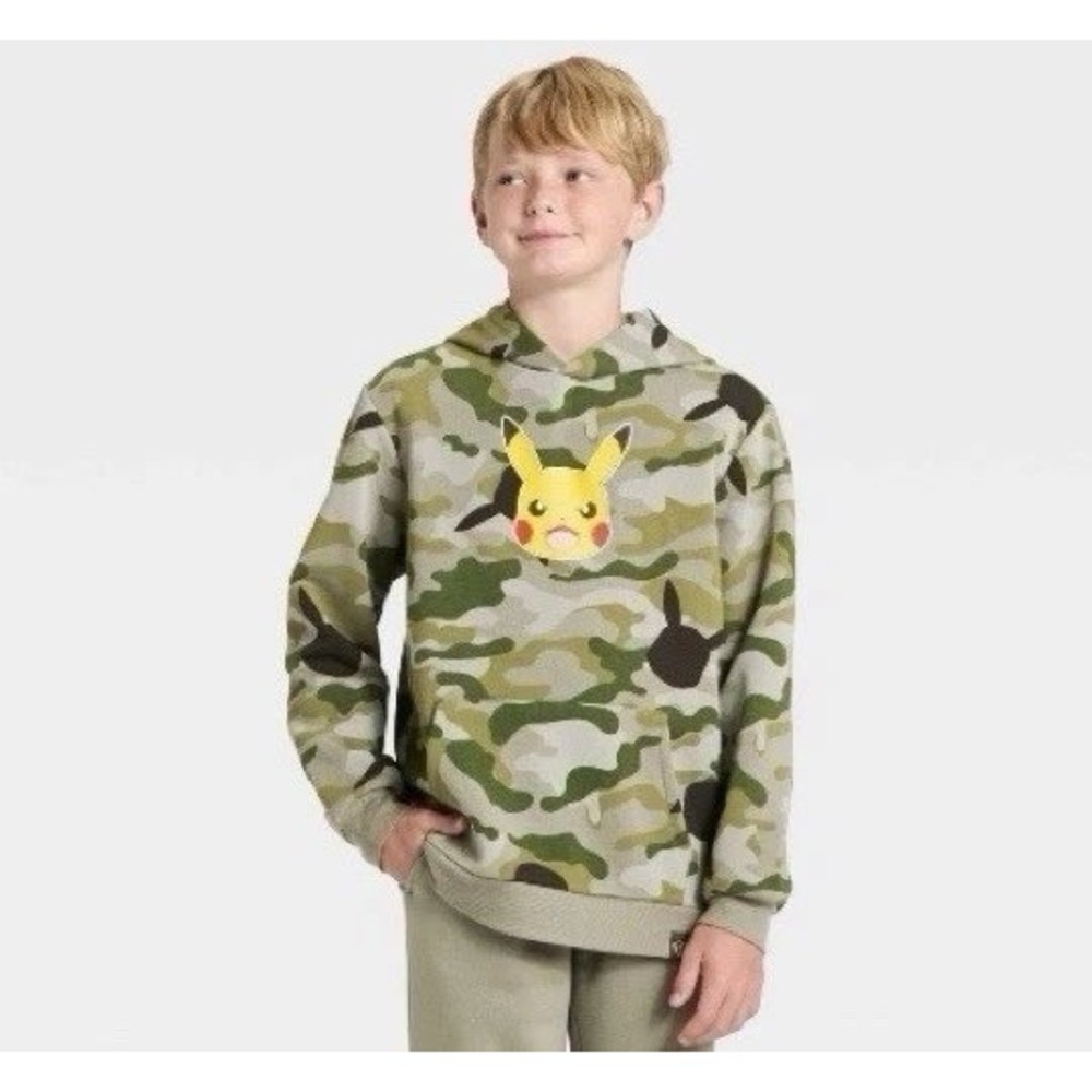 Pokemon Pikachu Boys Camo Hoodie Green Camouflage Graphic Sweatshirt Medium NWT